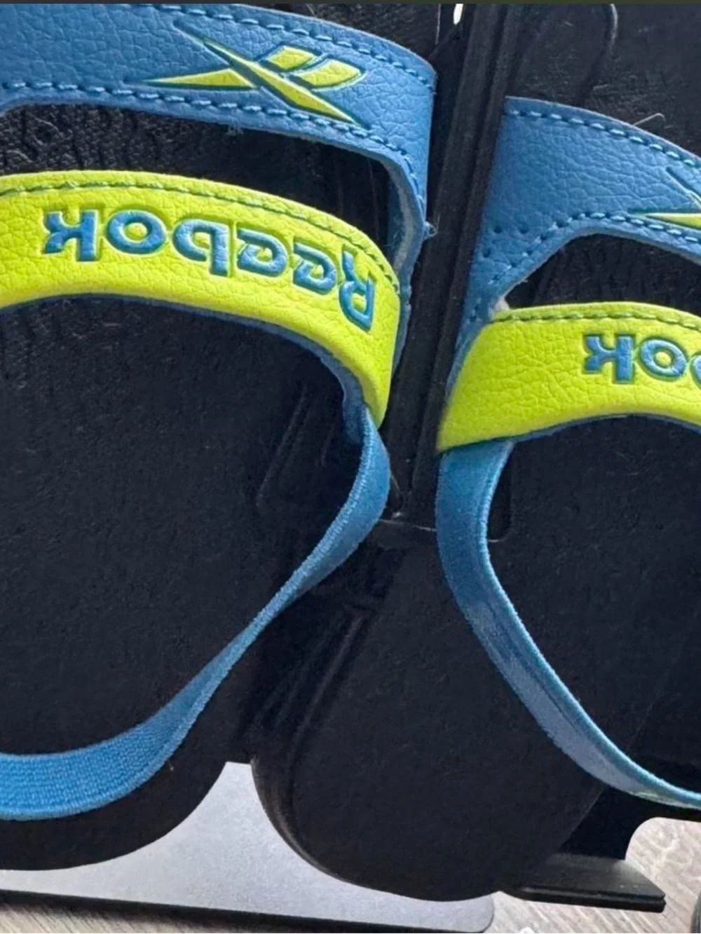 Reebok Blue and Neon Green Men's Slide Sandals